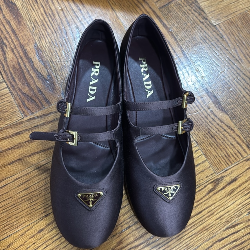 Prada Burgundy Satin Double-Strap Mary Jane Flats Gold Logo 36.5 authentic nib - Picture 5 of 11